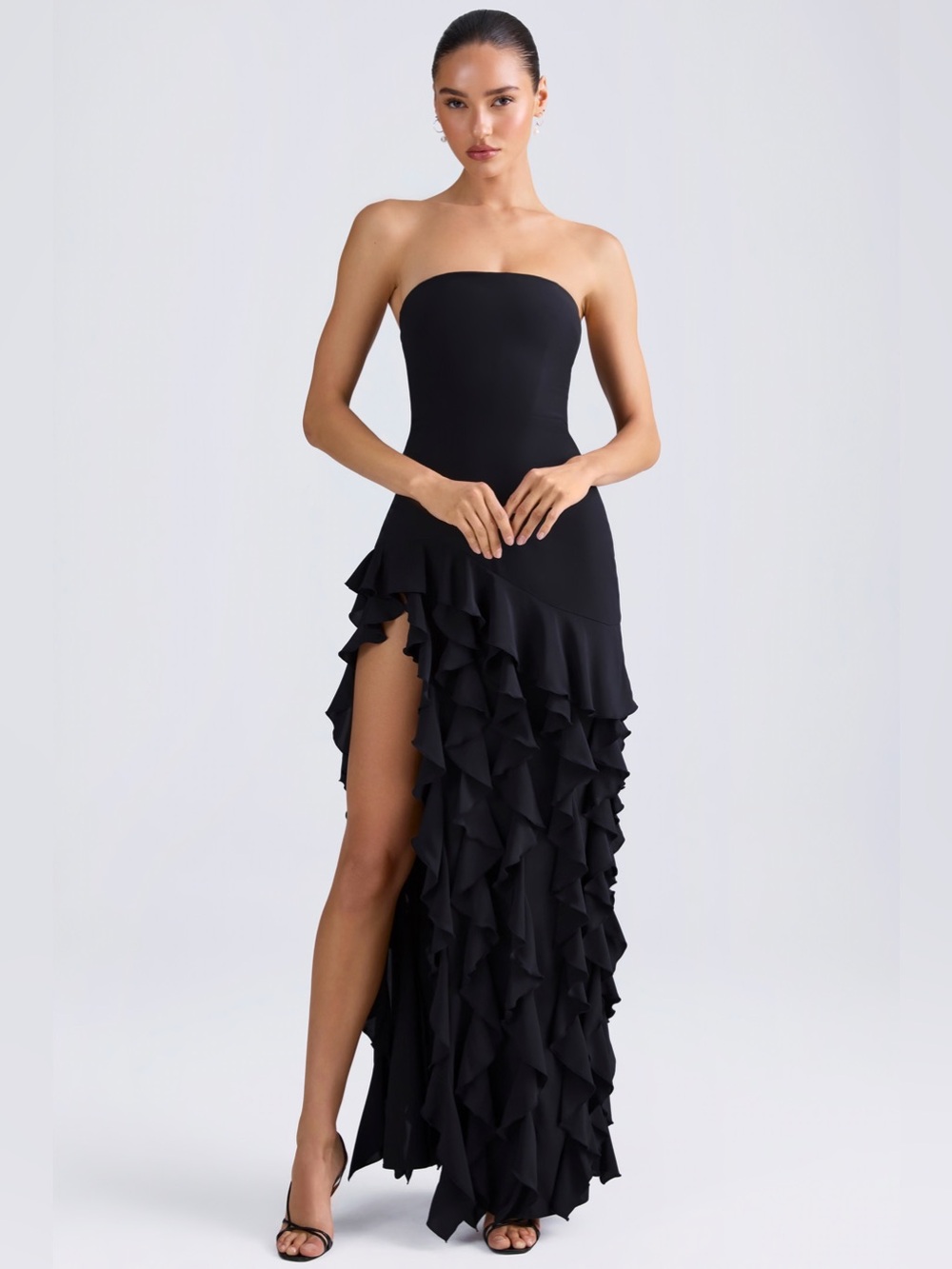 NEW Oh Polly Black Diletta Ruffle-Trim Strapless Gown US 12 Party Prom Formal